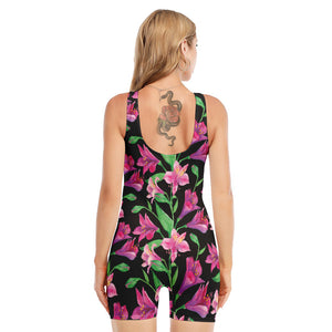 Purple Alstroemeria Pattern Print Sleeveless One Piece Swimsuit