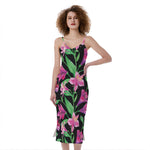 Purple Alstroemeria Pattern Print Slim Fit Midi Cami Dress