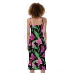 Purple Alstroemeria Pattern Print Slim Fit Midi Cami Dress