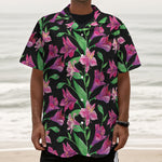 Purple Alstroemeria Pattern Print Textured Short Sleeve Shirt