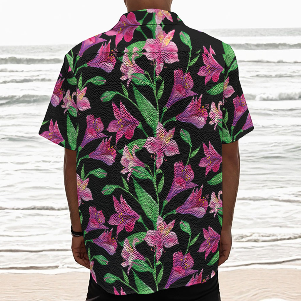 Purple Alstroemeria Pattern Print Textured Short Sleeve Shirt