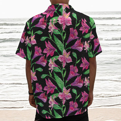 Purple Alstroemeria Pattern Print Textured Short Sleeve Shirt