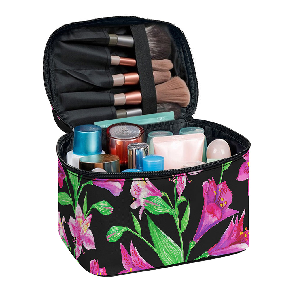 Purple Alstroemeria Pattern Print Travel Makeup Bag