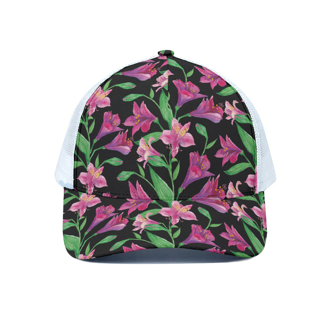 Purple Alstroemeria Pattern Print White Mesh Trucker Cap