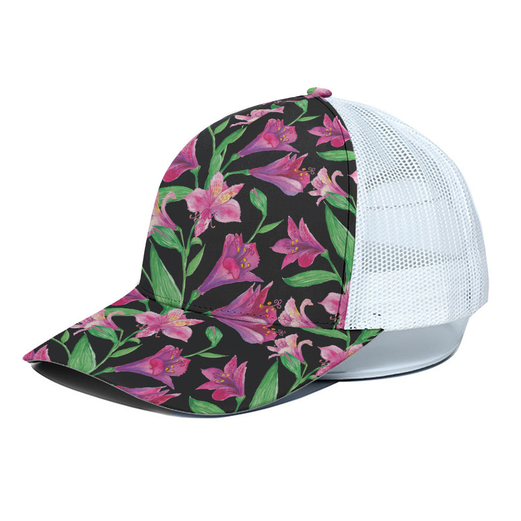 Purple Alstroemeria Pattern Print White Mesh Trucker Cap