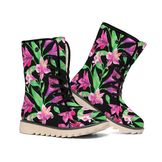 Purple Alstroemeria Pattern Print Winter Boots