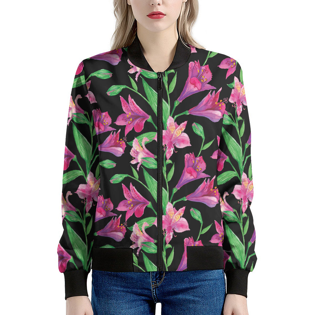 Purple Alstroemeria Pattern Print Women's Bomber Jacket