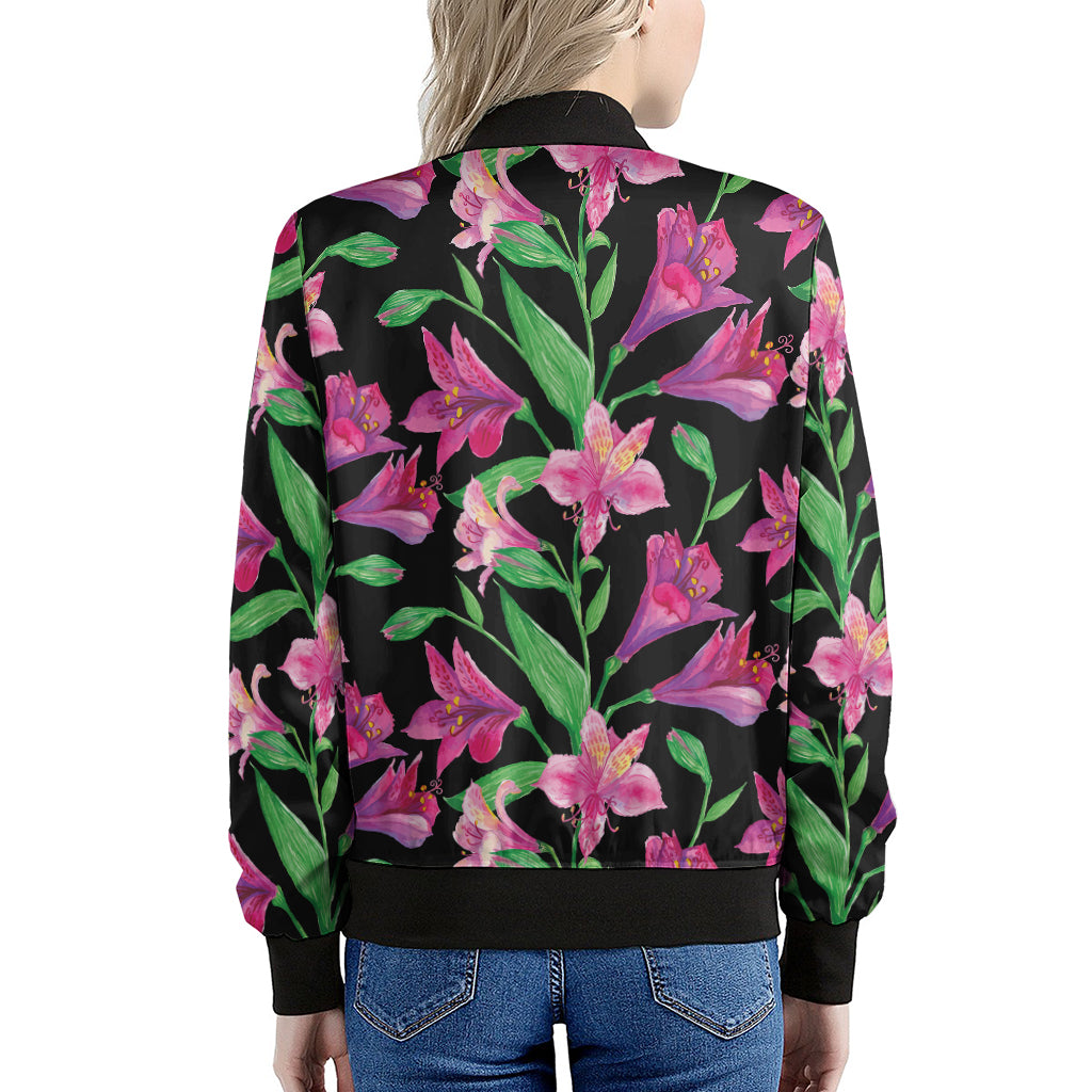 Purple Alstroemeria Pattern Print Women's Bomber Jacket