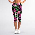 Purple Alstroemeria Pattern Print Women's Capri Leggings