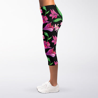 Purple Alstroemeria Pattern Print Women's Capri Leggings
