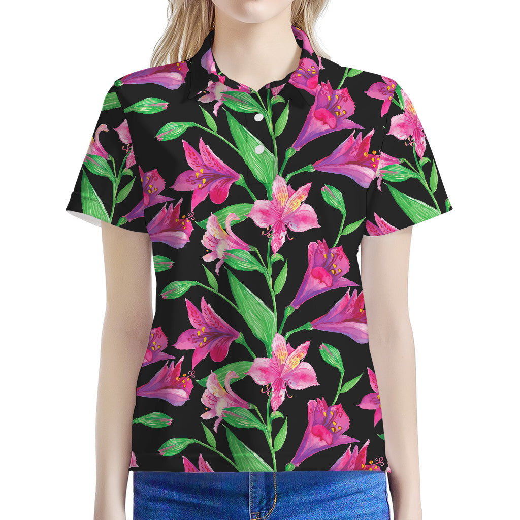 Purple Alstroemeria Pattern Print Women's Polo Shirt