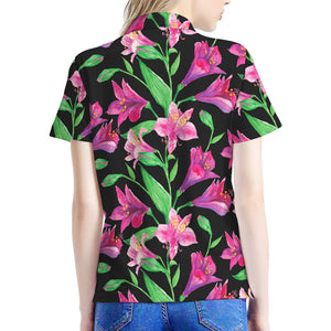 Purple Alstroemeria Pattern Print Women's Polo Shirt