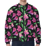 Purple Alstroemeria Pattern Print Zip Sleeve Bomber Jacket