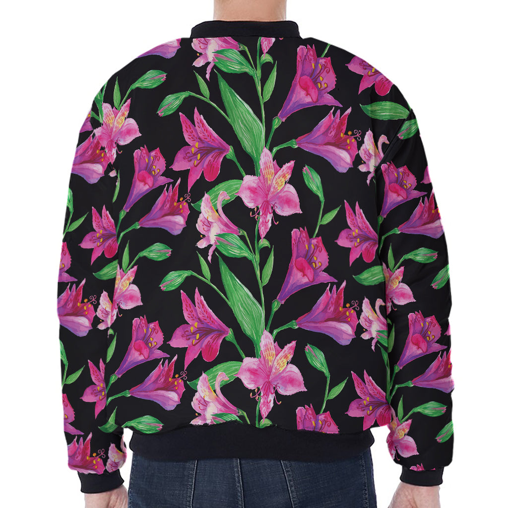 Purple Alstroemeria Pattern Print Zip Sleeve Bomber Jacket