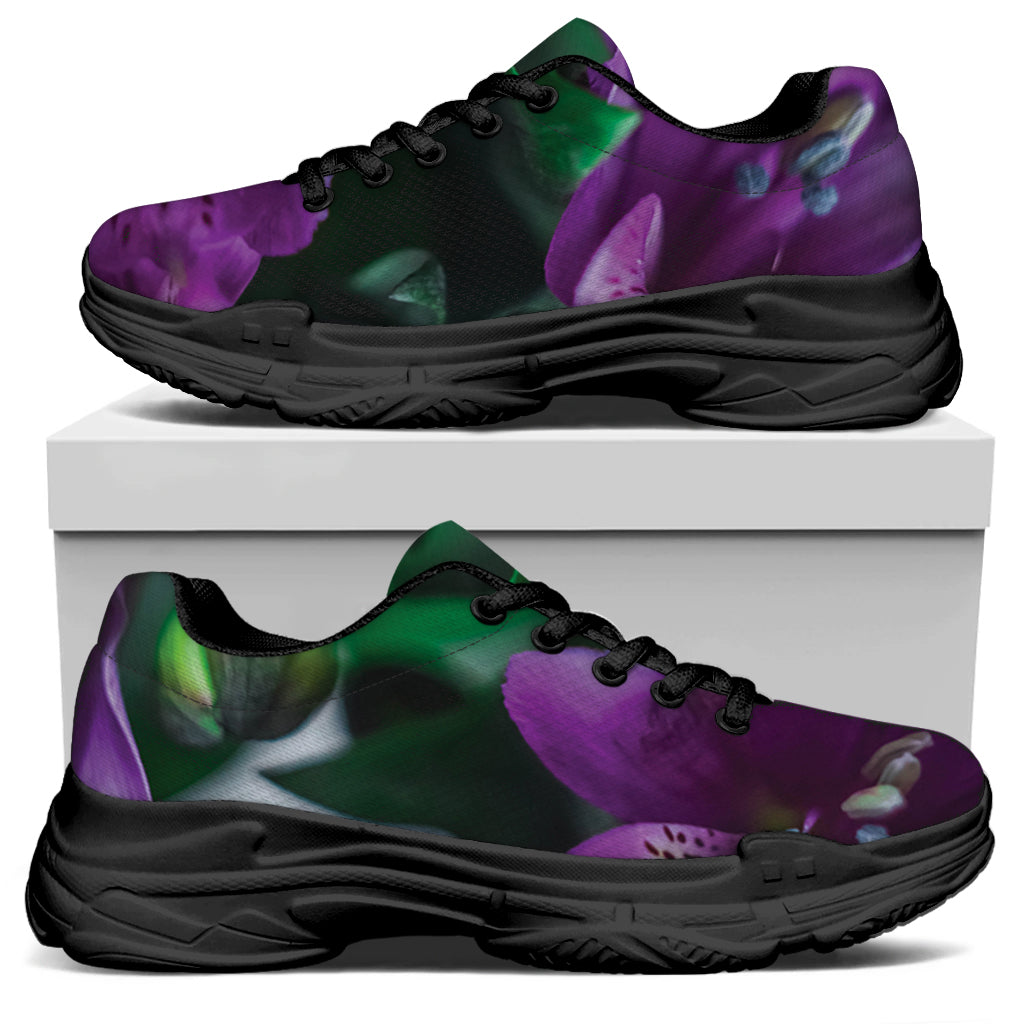 Purple Alstroemeria Print Black Chunky Shoes