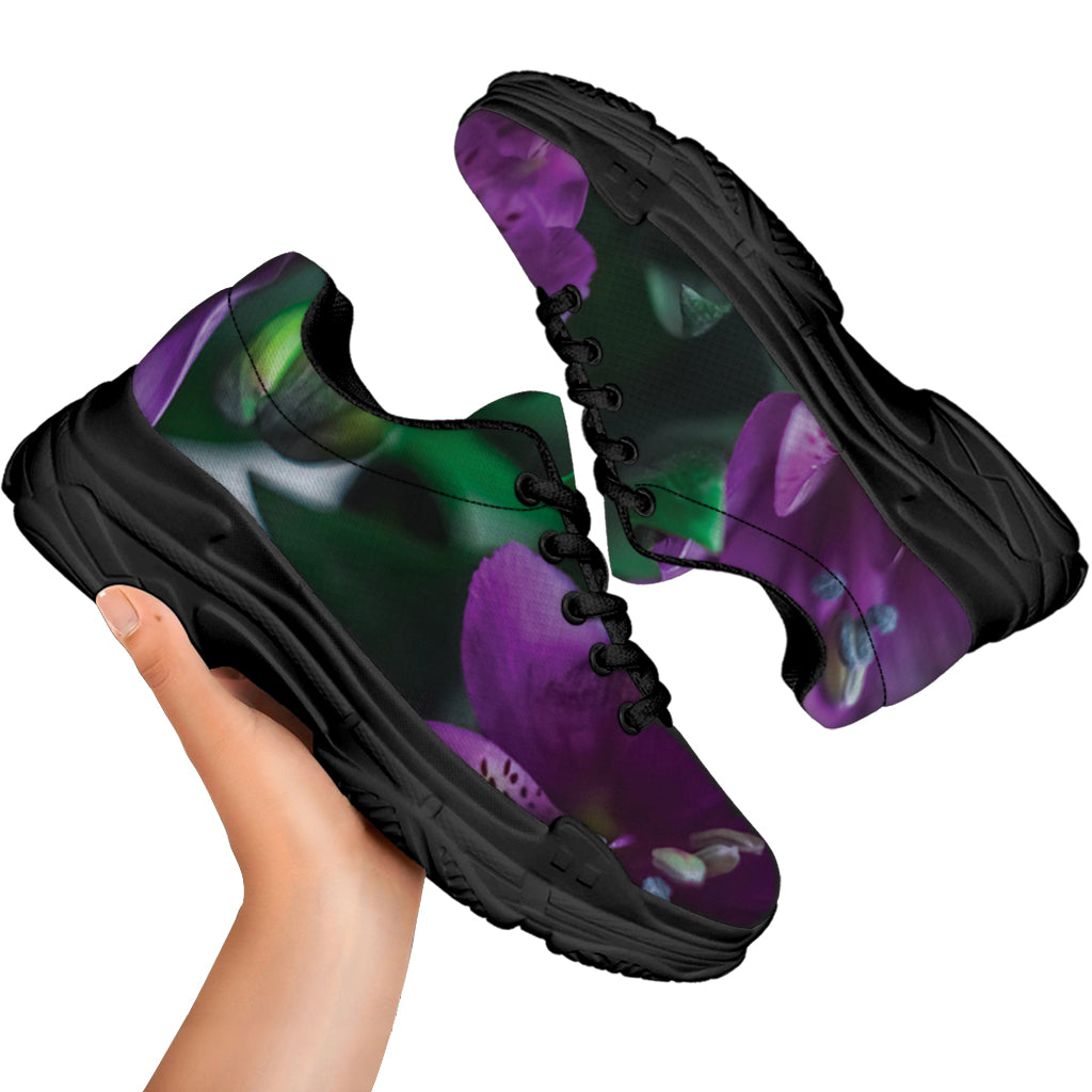 Purple Alstroemeria Print Black Chunky Shoes