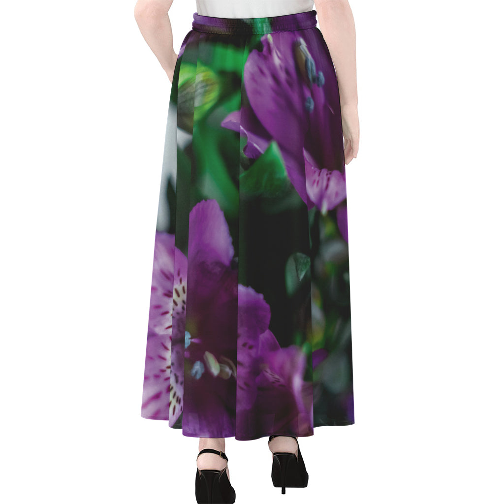 Purple Alstroemeria Print Chiffon Maxi Skirt