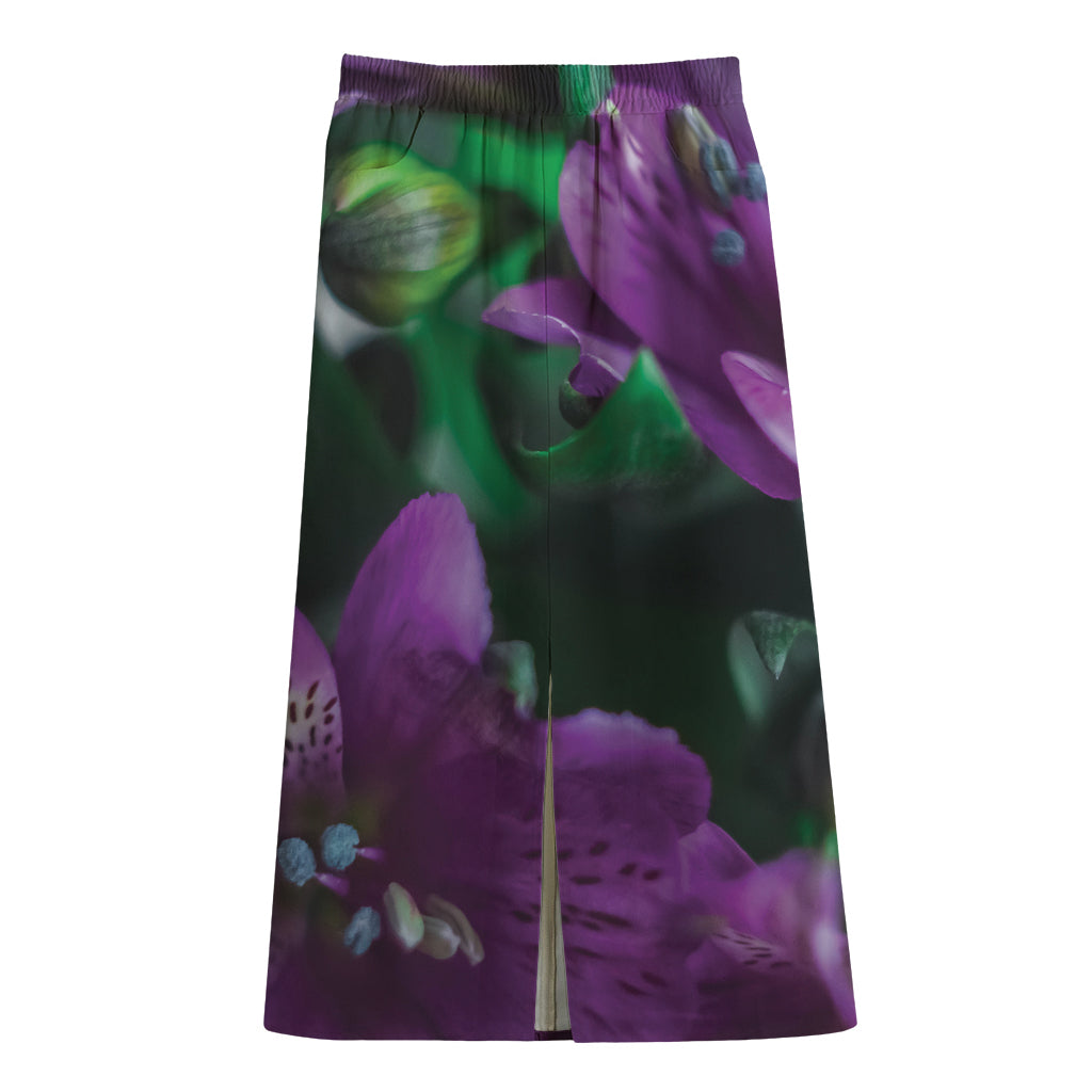 Purple Alstroemeria Print Cotton Front Slit Maxi Skirt