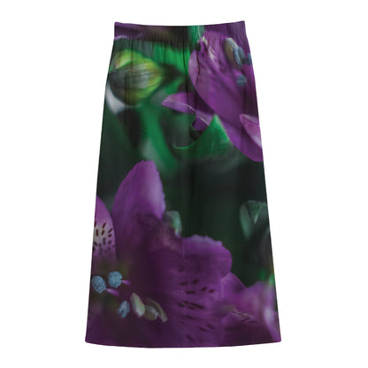 Purple Alstroemeria Print Cotton Front Slit Maxi Skirt