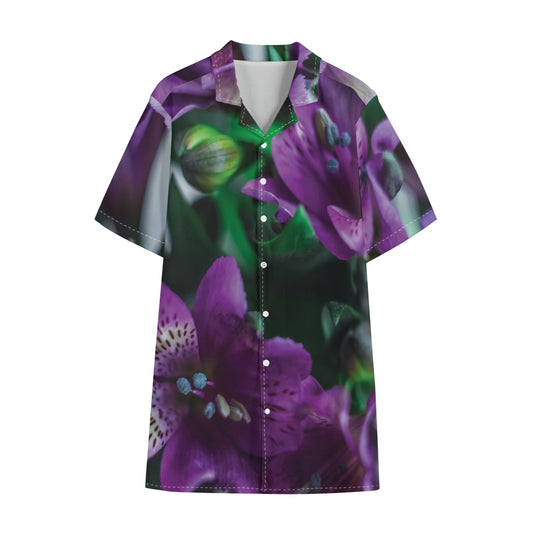 Purple Alstroemeria Print Cotton Hawaiian Shirt
