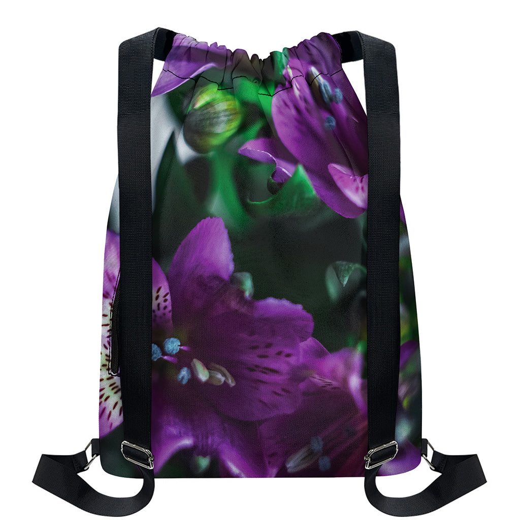 Purple Alstroemeria Print Drawstring Backpack