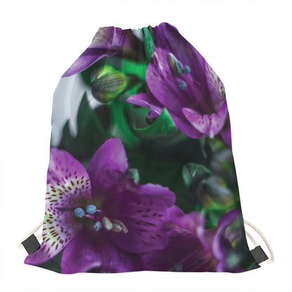 Purple Alstroemeria Print Drawstring Bag