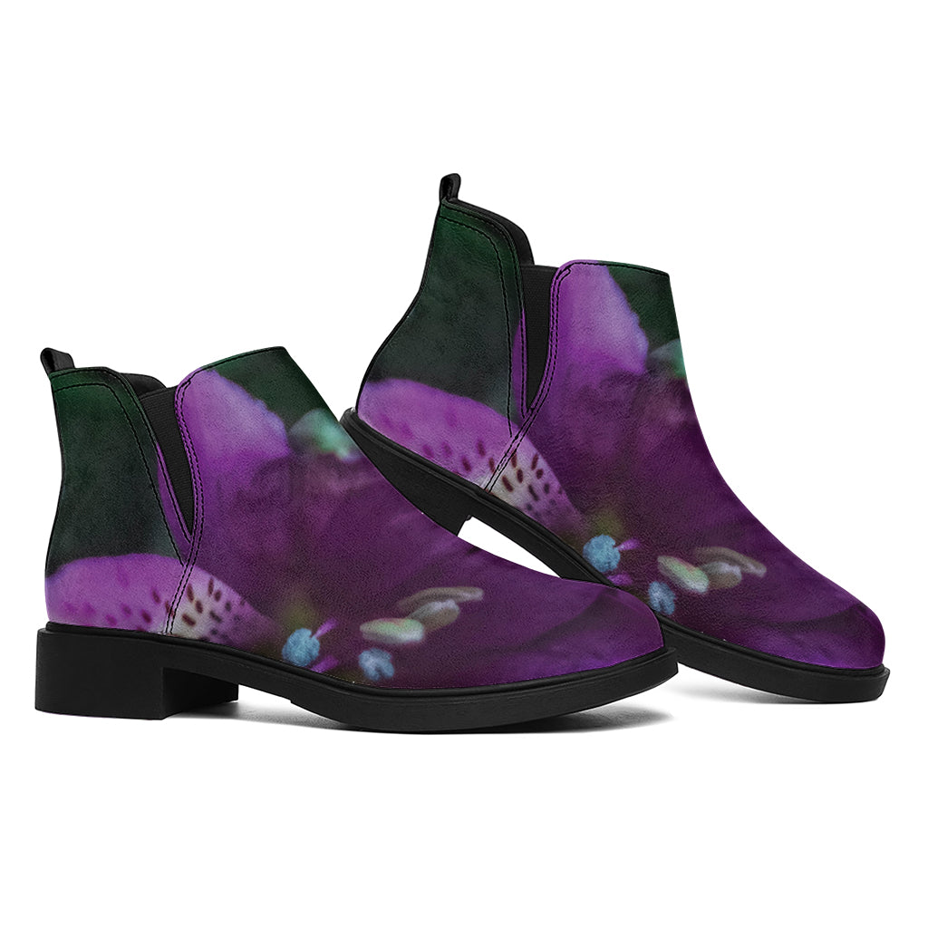 Purple Alstroemeria Print Flat Ankle Boots