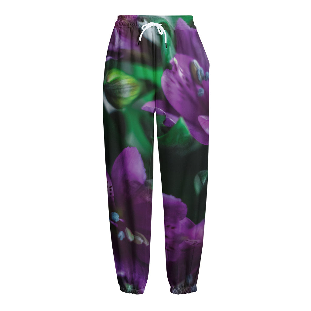 Purple Alstroemeria Print Fleece Lined Knit Pants