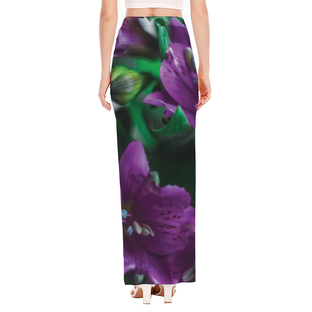 Purple Alstroemeria Print High Slit Maxi Skirt