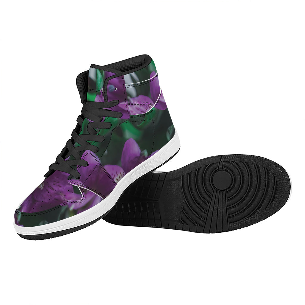 Purple Alstroemeria Print High Top Leather Sneakers