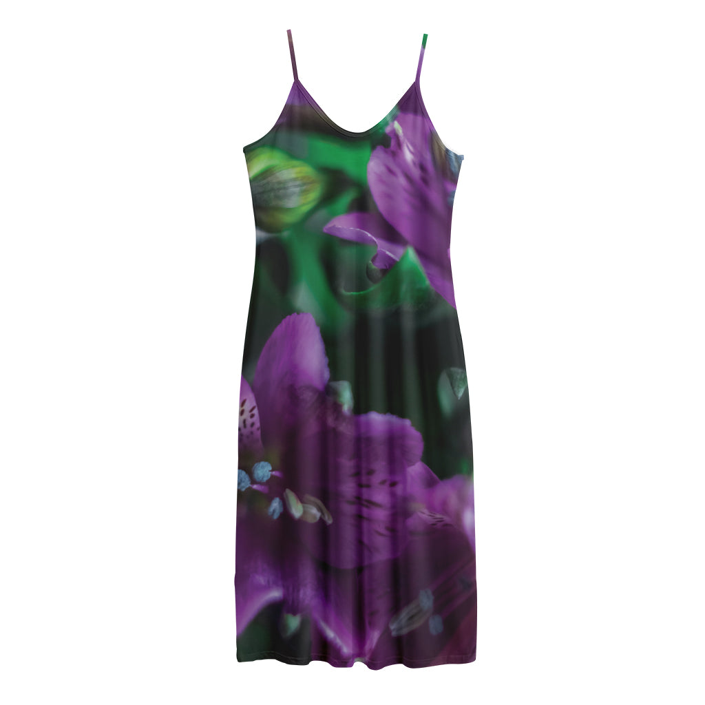 Purple Alstroemeria Print Jersey Midi Cami Dress