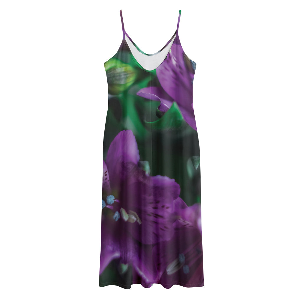 Purple Alstroemeria Print Jersey Midi Cami Dress