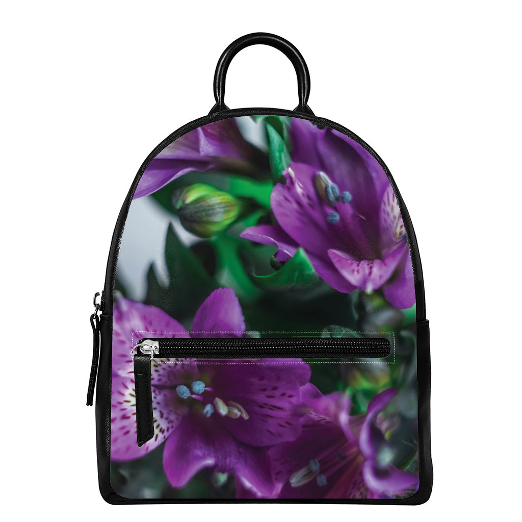Purple Alstroemeria Print Leather Backpack