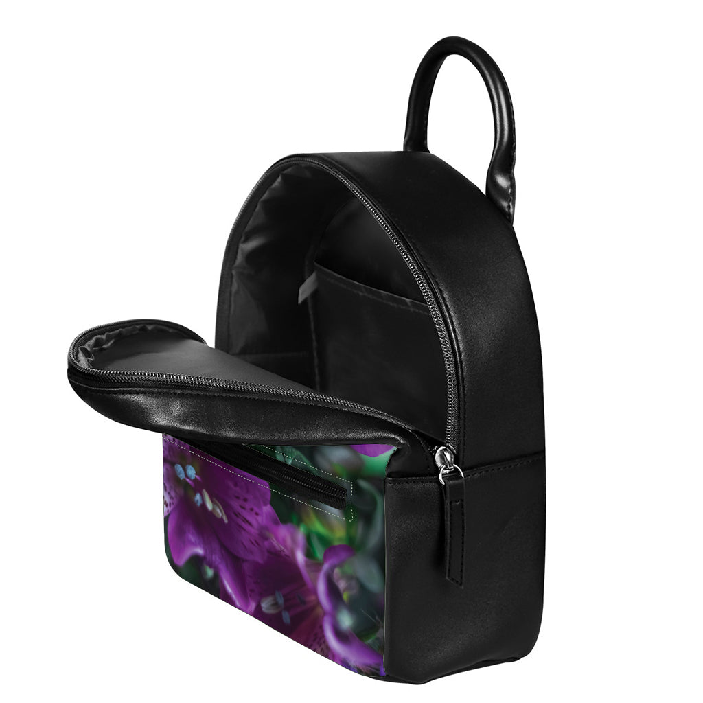 Purple Alstroemeria Print Leather Backpack