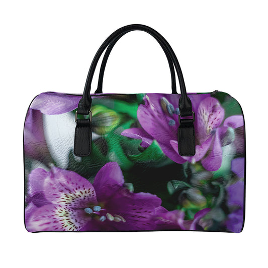 Purple Alstroemeria Print Leather Duffle Bag