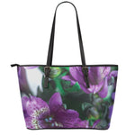 Purple Alstroemeria Print Leather Tote Bag