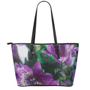 Purple Alstroemeria Print Leather Tote Bag