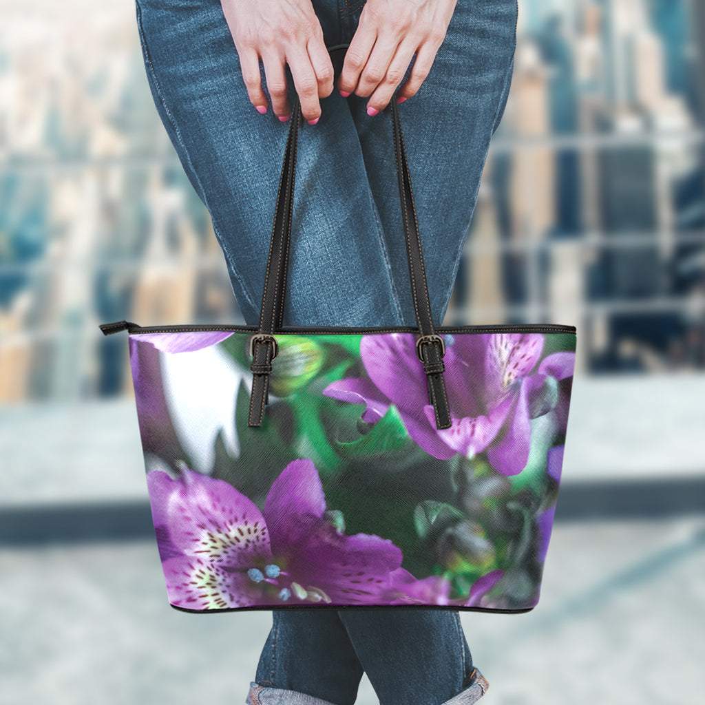 Purple Alstroemeria Print Leather Tote Bag