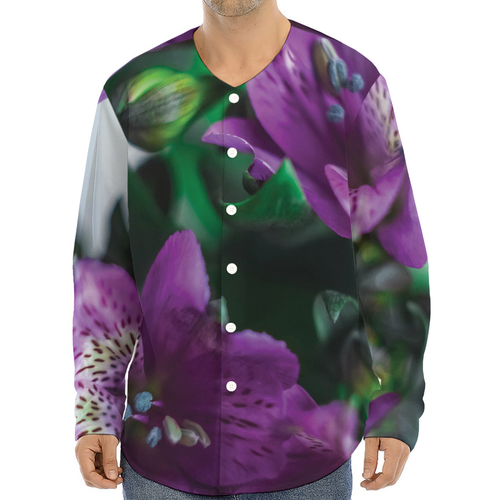 Purple Alstroemeria Print Long Sleeve Baseball Jersey