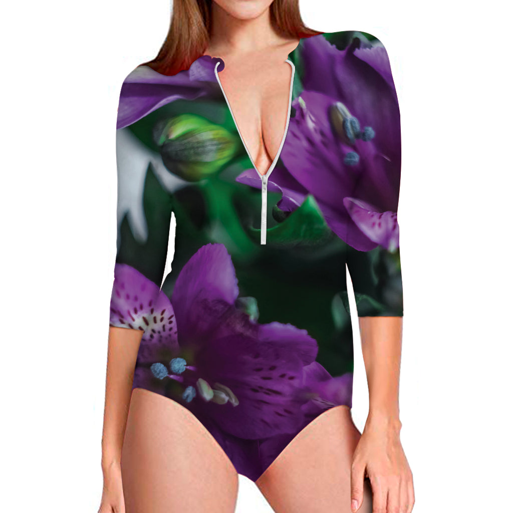 Purple Alstroemeria Print Long Sleeve Swimsuit