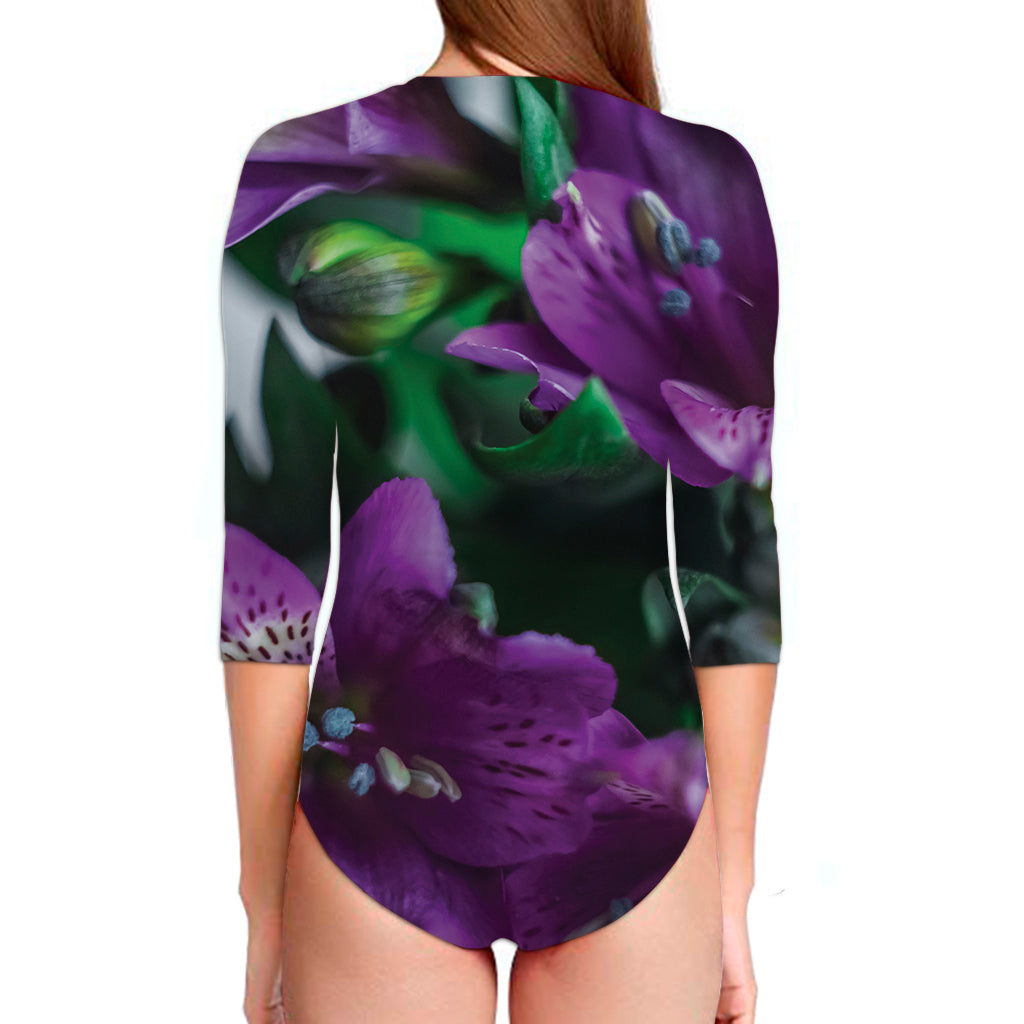 Purple Alstroemeria Print Long Sleeve Swimsuit