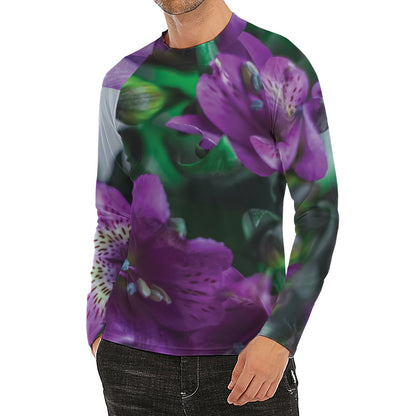 Purple Alstroemeria Print Men's Long Sleeve Rash Guard