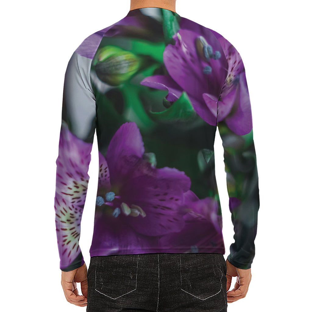 Purple Alstroemeria Print Men's Long Sleeve Rash Guard