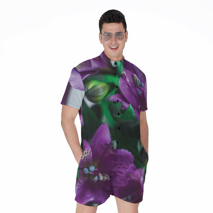 Purple Alstroemeria Print Men's Rompers