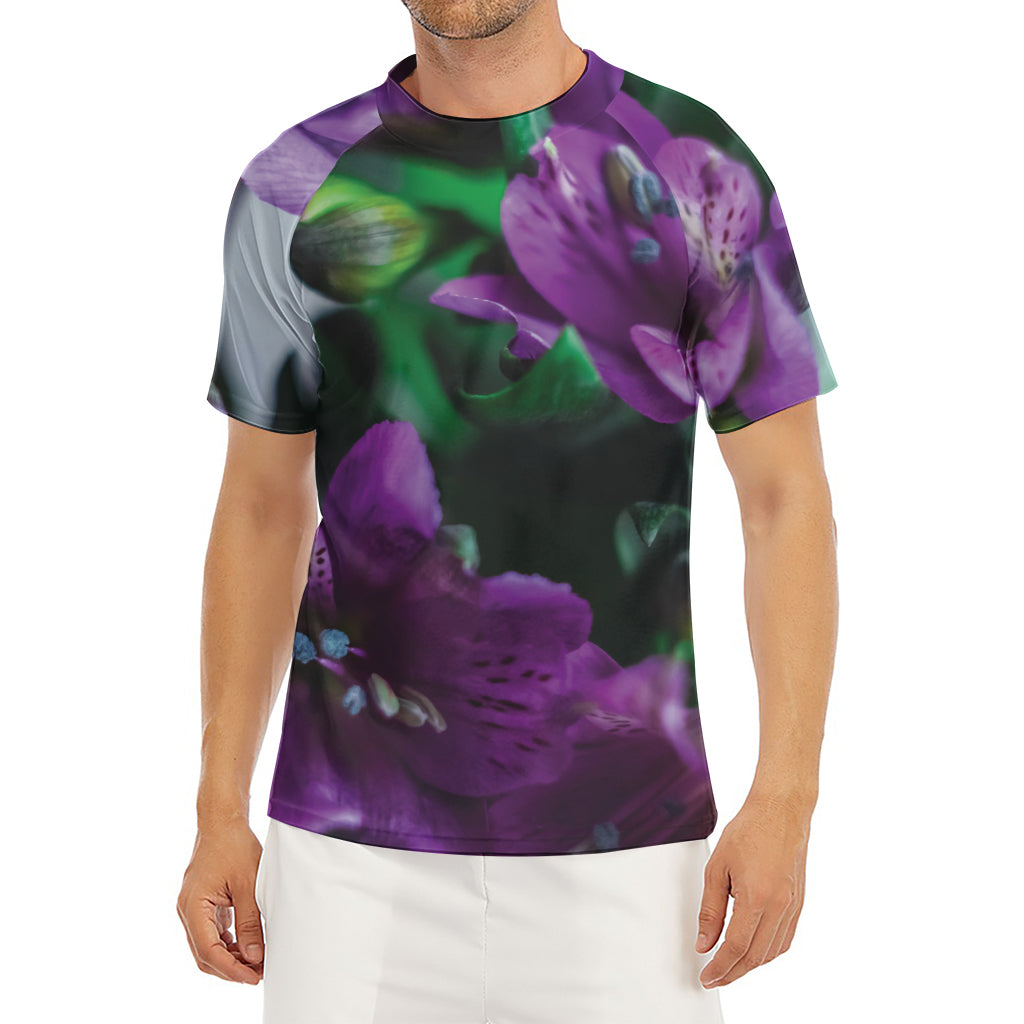 Purple Alstroemeria Print Men's Short Sleeve Rash Guard