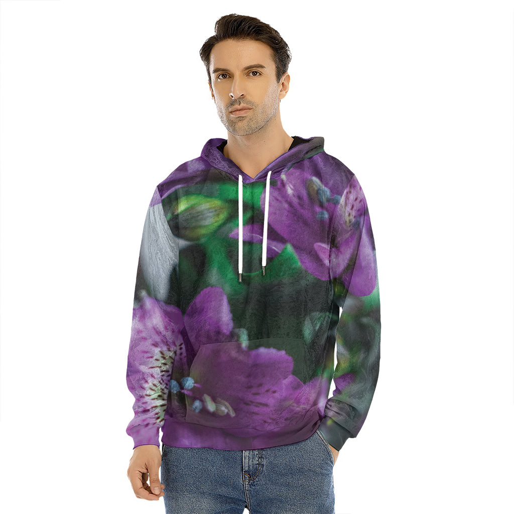 Purple Alstroemeria Print Men's Velvet Pullover Hoodie