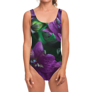 Purple Alstroemeria Print One Piece Swimsuit