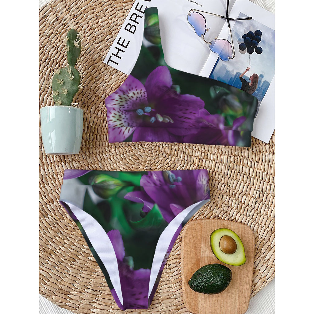 Purple Alstroemeria Print One Shoulder Bikini Top