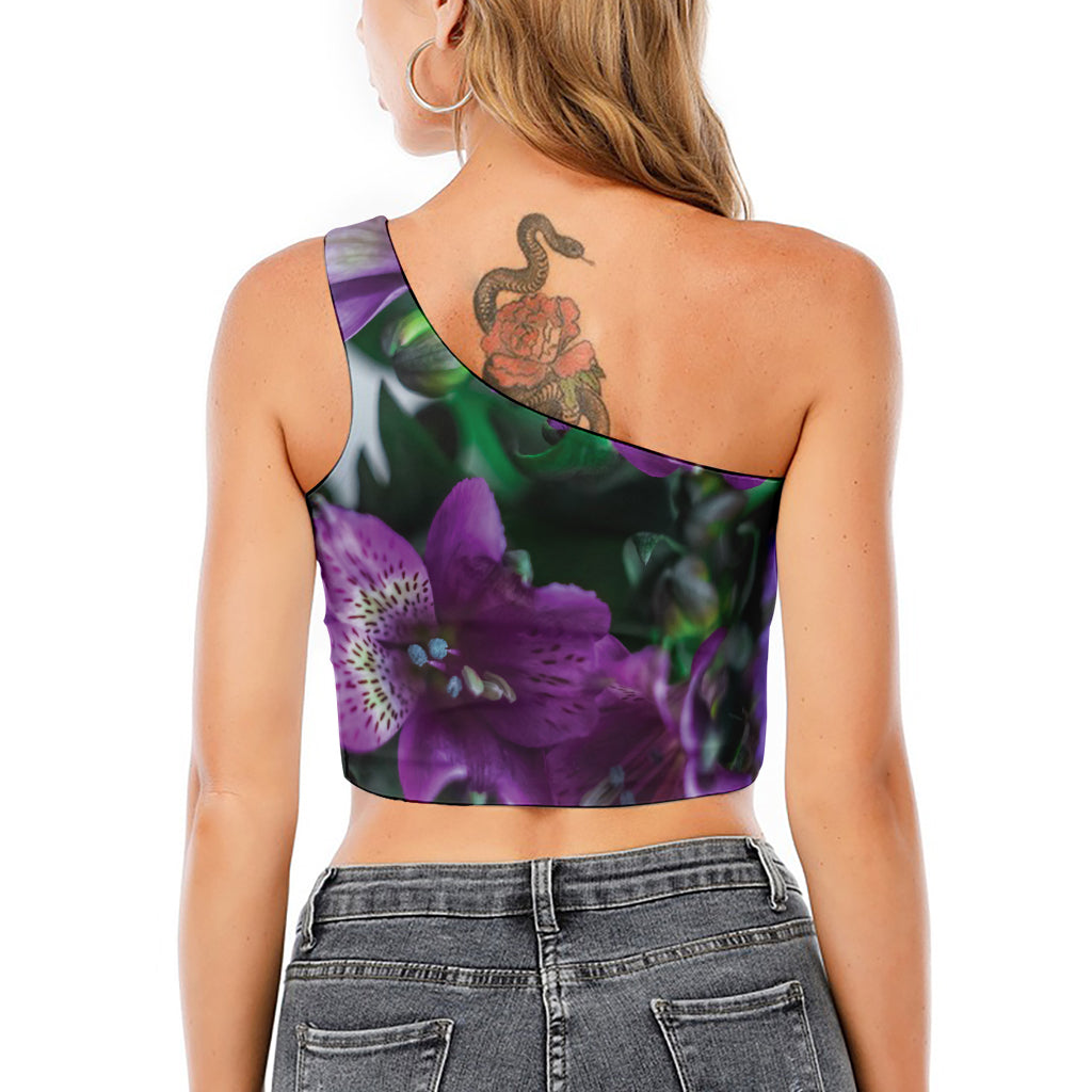 Purple Alstroemeria Print One Shoulder Crop Top