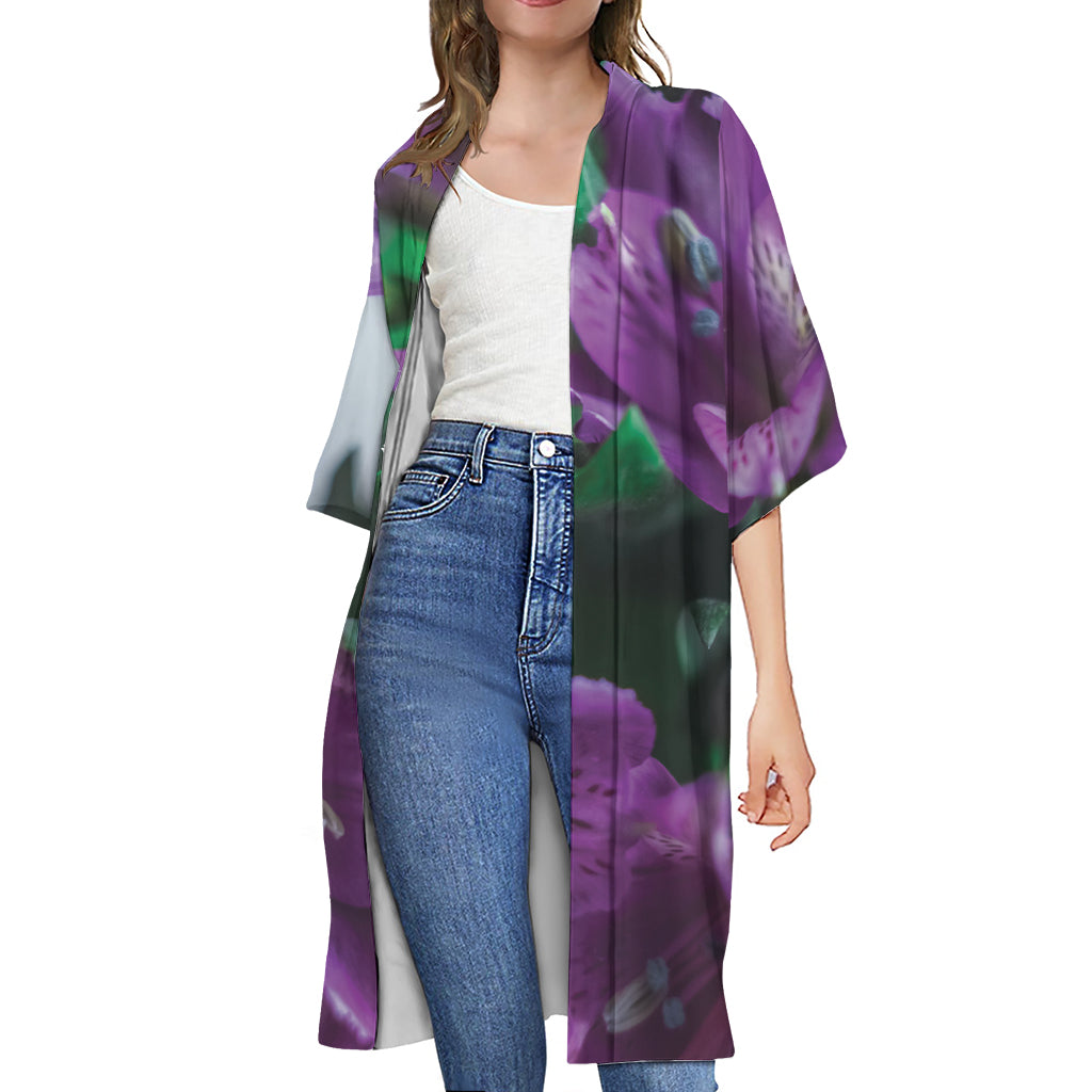 Purple Alstroemeria Print Open Front Beach Cover Up